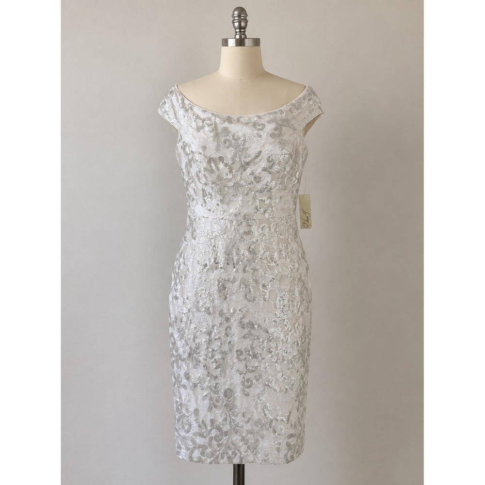 Eliza J Womens White Silver Sequin Lace Off Shoulder Cocktail Dress 10 NWT